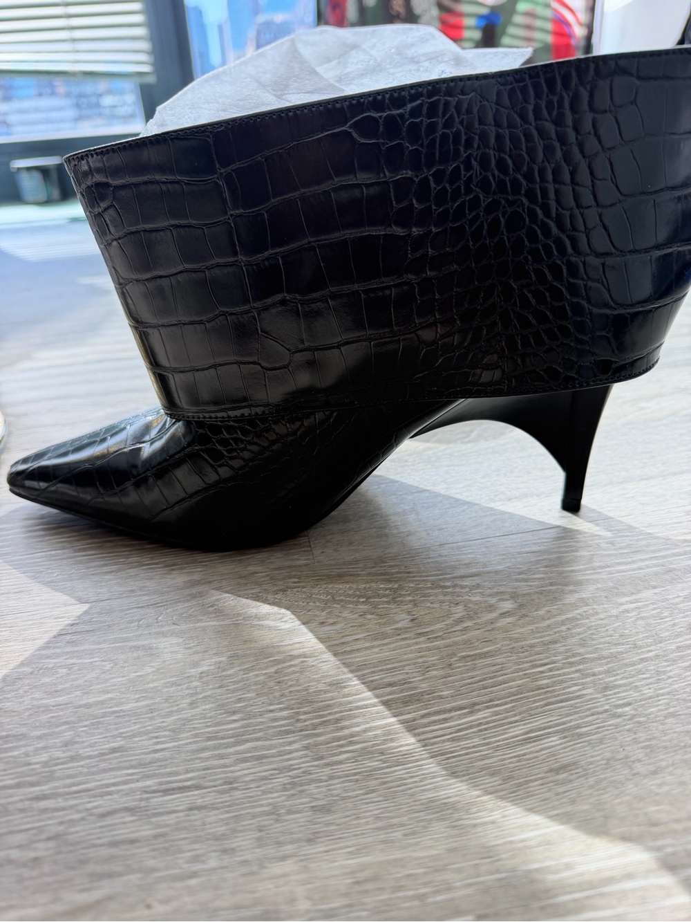 Fashion Nova Black Croc-Embossed Pointed Kitten Heel Boots